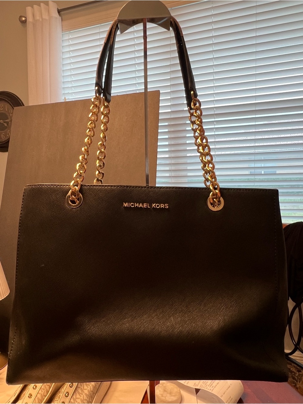 Michael Kors Susannah Large Black Tote with Gold Chain Handles